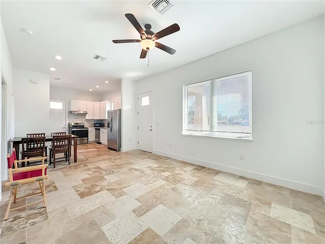 a front view of a house with patio