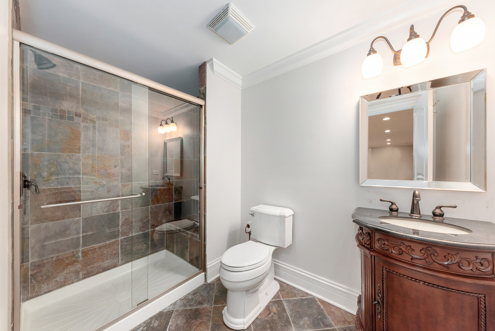 820 Wellner Road Naperville, IL 60540 - Photo 44 of 52 a bathroom with a granite countertop sink a toilet and shower