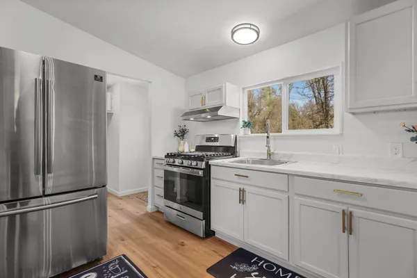 a view of a backyard with large trees