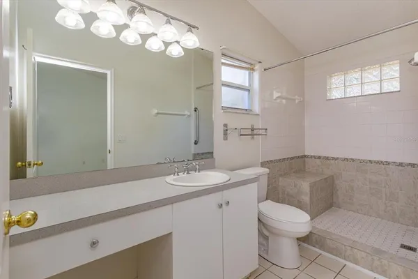 a bathroom with a sink a toilet and mirror