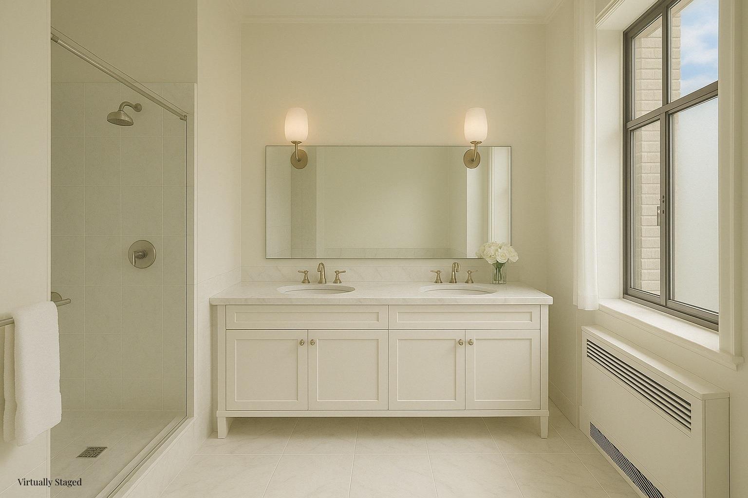 550 Park Avenue, Unit 12E Manhattan, NY 10065 - Photo 15 of 29 a bathroom with a double vanity sink mirror and shower