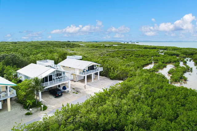 a view of a lake with houses in the background