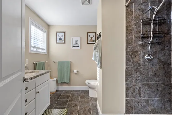 a bathroom with a granite countertop sink a toilet and shower