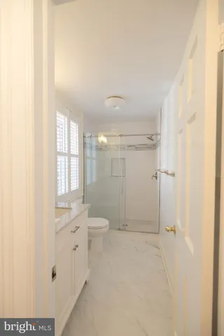 a bathroom with a shower and a toilet