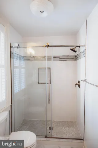 a bathroom with a shower and toilet