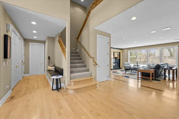 a view of dining room with furniture and wooden floor