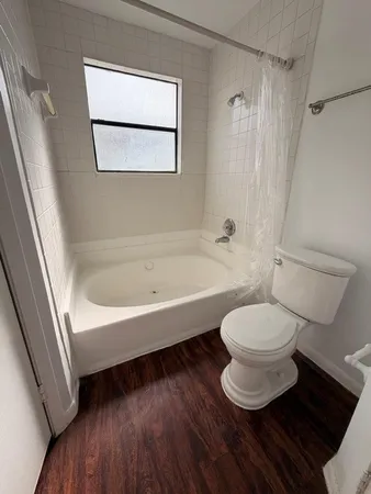 a bathroom with a toilet and a bathtub