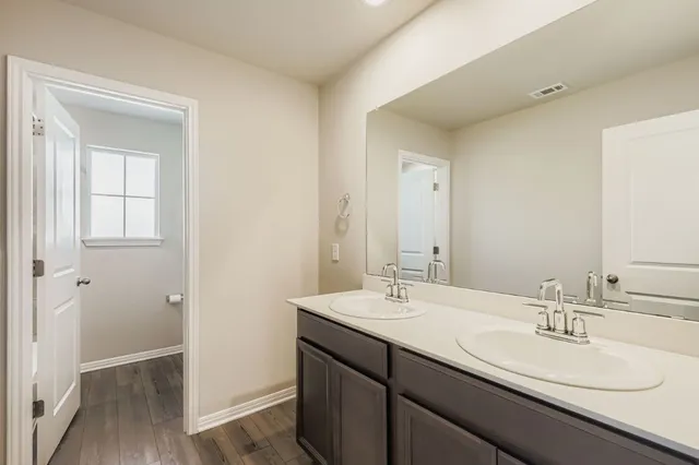 a bathroom with a sink and a mirror