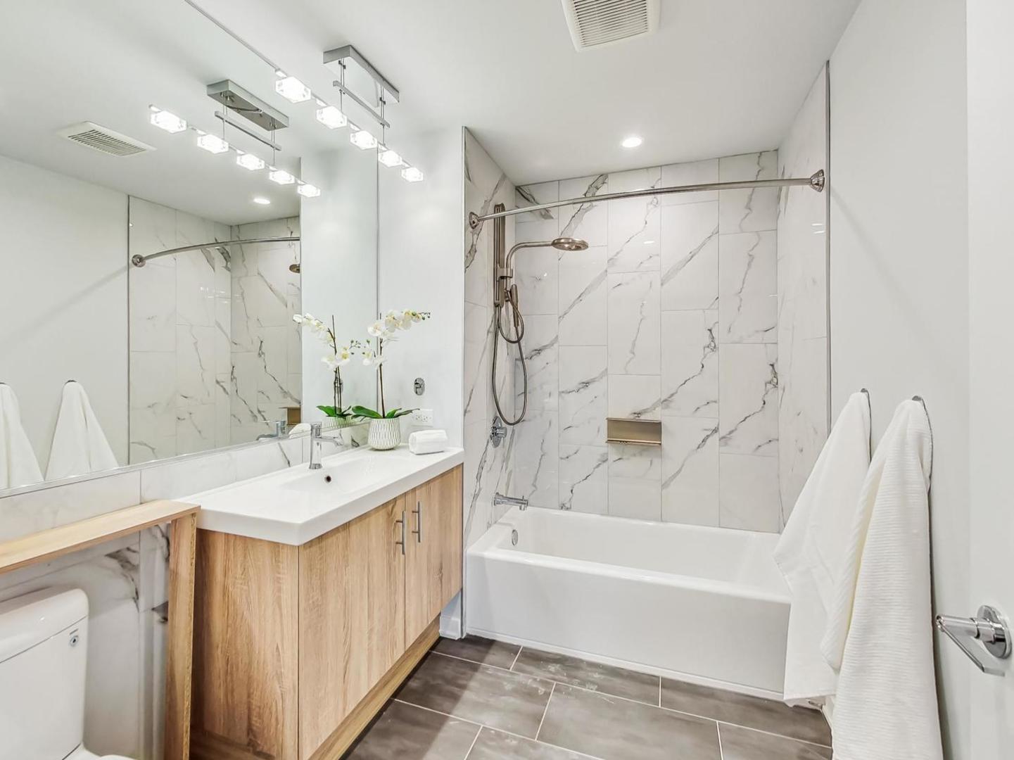 5691 North Ridge Avenue, Unit 201 Chicago, IL 60660 - Photo 25 of 31 a bathroom with a double vanity sink mirror double vanity and bathtub