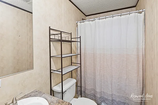 a bathroom with a shower curtain and a toilet