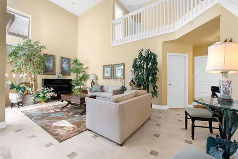 a living room with furniture a fireplace and a potted plant