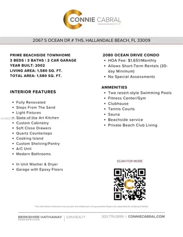 $849,000 | 2067 South Ocean Drive, Unit TH5, Hallandale Beach, FL 33009