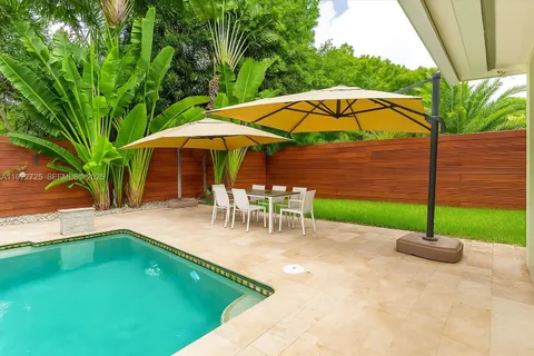 a view of a backyard with swimming pool