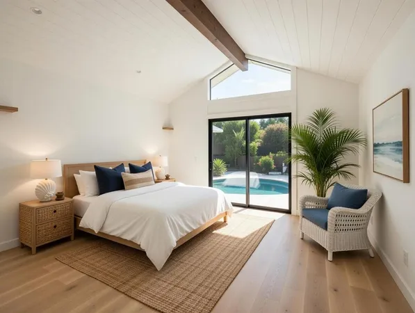 a bedroom with a bed and a couch with large window