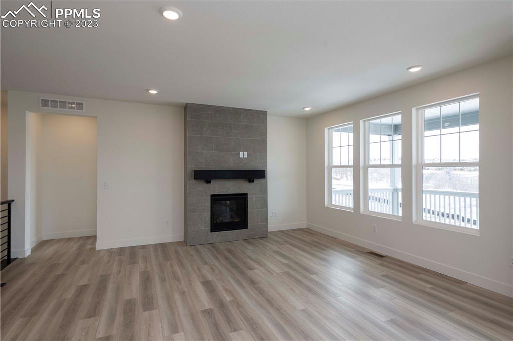 2042 Peachleaf Loop Castle Rock, CO 80108 - Photo 11 of 26 an empty room with windows and a fireplace