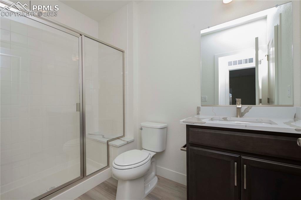 2042 Peachleaf Loop Castle Rock, CO 80108 - Photo 24 of 26 a bathroom with a toilet a sink a vanity and mirror