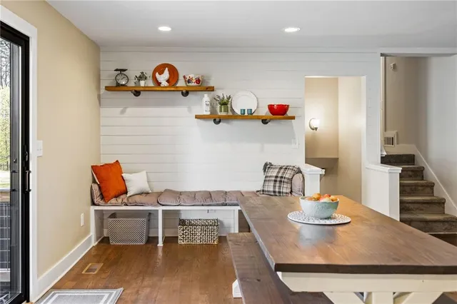 a view of a dining room with furniture