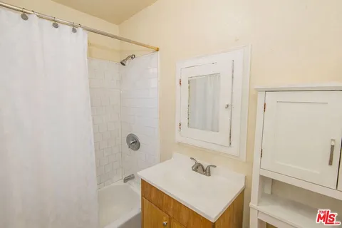 a bathroom with a shower sink vanity and a mirror