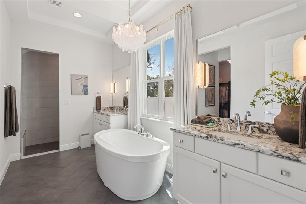 2304 Clement Road Lutz, FL 33549 - Photo 15 of 37 a spacious bathroom with a double vanity sink a mirror a bathtub and a shower