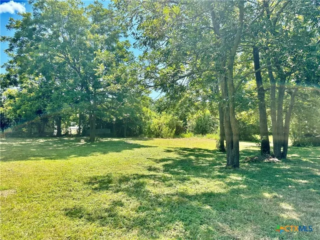 a view of a field with trees in the background