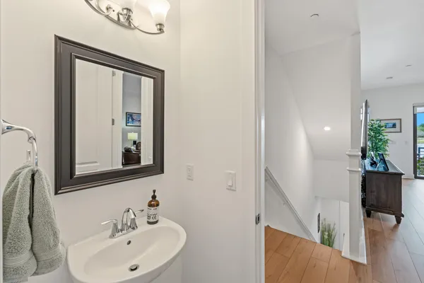 a bathroom with a sink a mirror and a potted plant