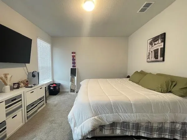 a bedroom with a bed and a flat screen tv