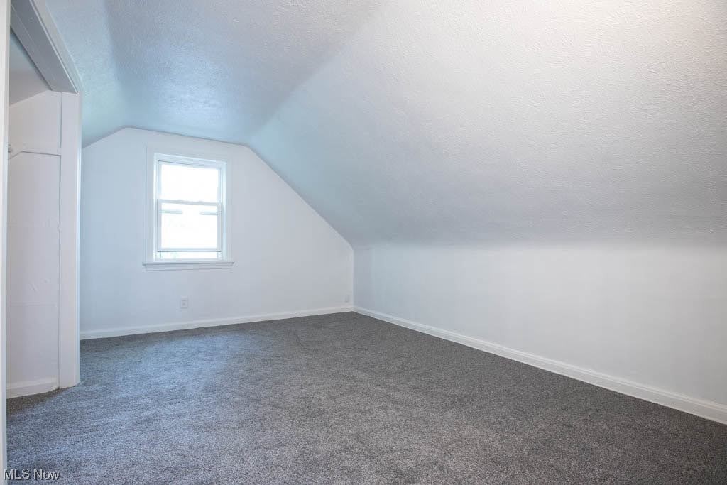 2310 Rockefeller Road Wickliffe, OH 44092 - Photo 19 of 35 Bonus room featuring a textured ceiling, dark carpet, and lofted ceiling
