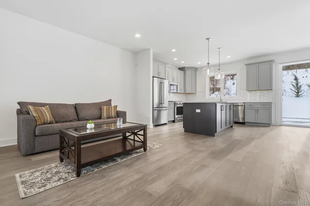 a living room with furniture and a kitchen