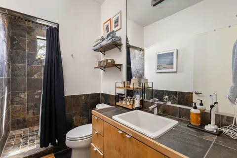 a bathroom with a sink a toilet and shower