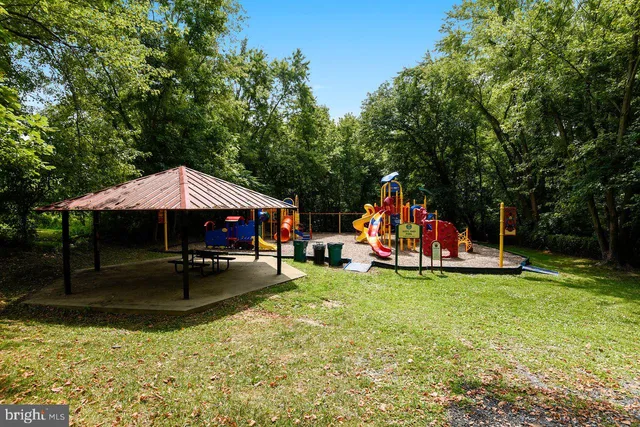 a view of a garden with a slide and a tree