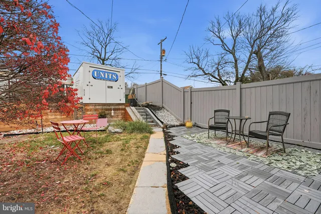 a view of a backyard with sitting area