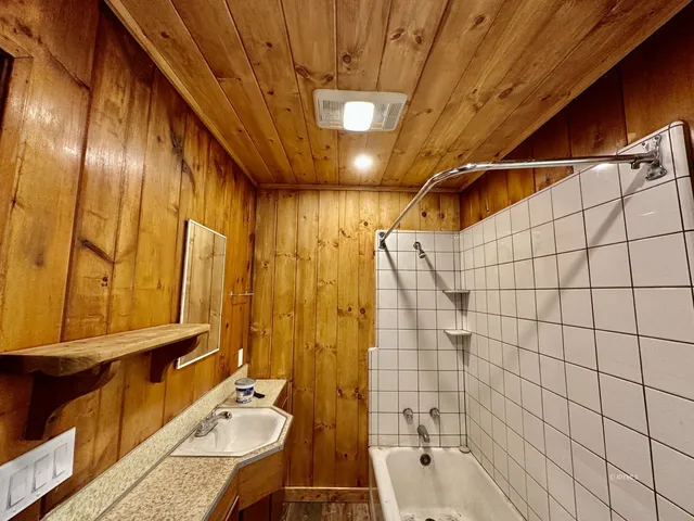 a bathroom with a sink a mirror and a shower
