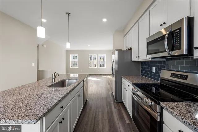 a kitchen with stainless steel appliances granite countertop a stove a sink and a microwave