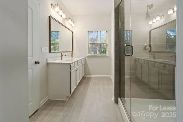 a bathroom with a double vanity sink a mirror and a shower