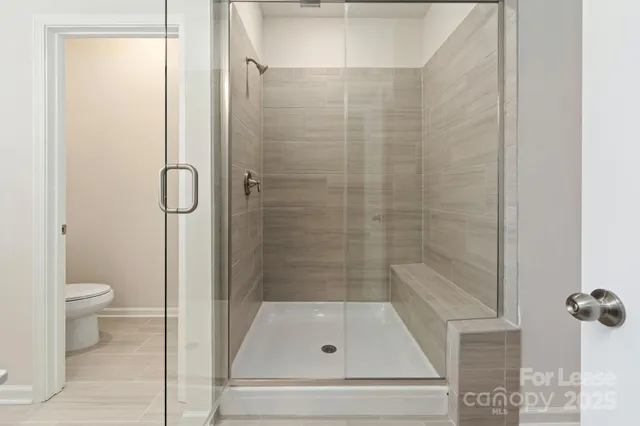 a bathroom with a shower and toilet