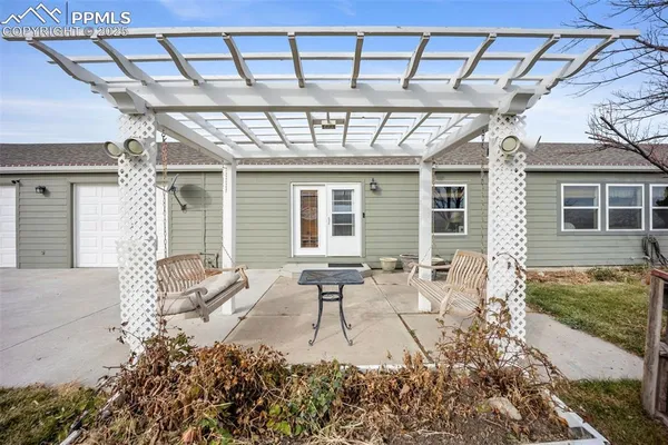 front view of a house with a patio