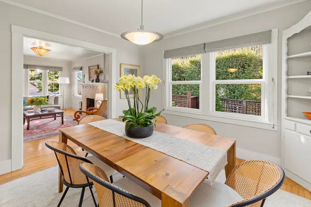 a view of a dining room with furniture