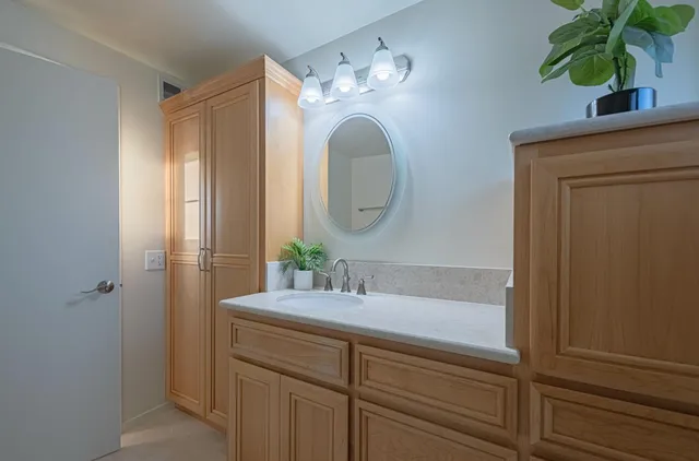 a bathroom with a sink and a mirror