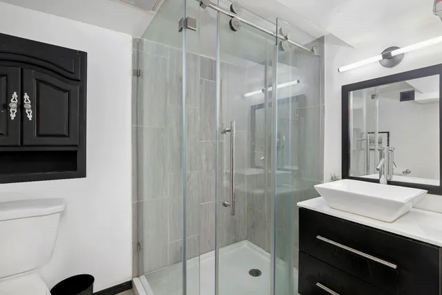 a bathroom with a sink a toilet a shower and a mirror