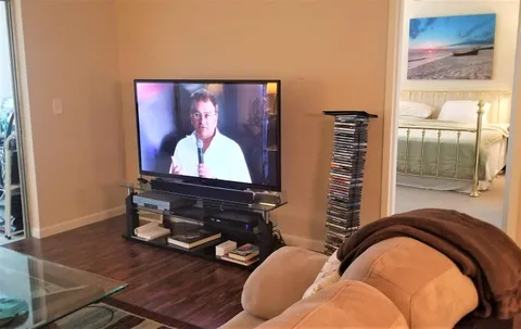 a living room with furniture a rug and a window