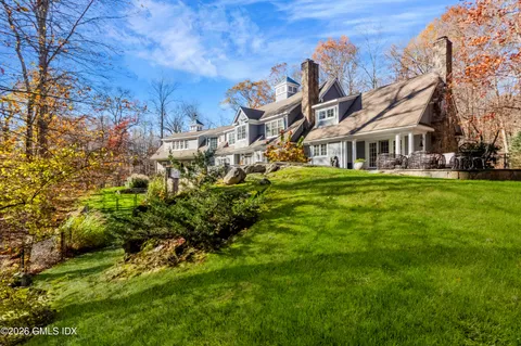 a view of a big yard with plants and large trees