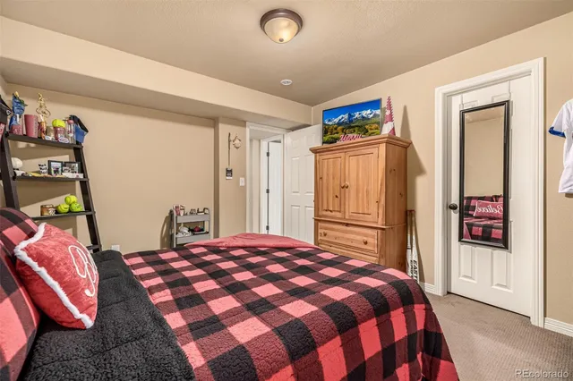 a bedroom with a bed and a walk in closet