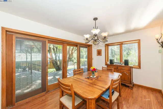 a view of a dining room with furniture wooden floor and chandelier