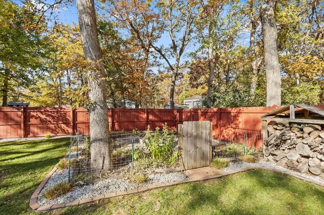 a view of a swimming pool with a big yard and large trees