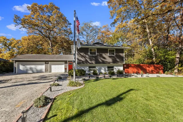 front view of a house with a patio
