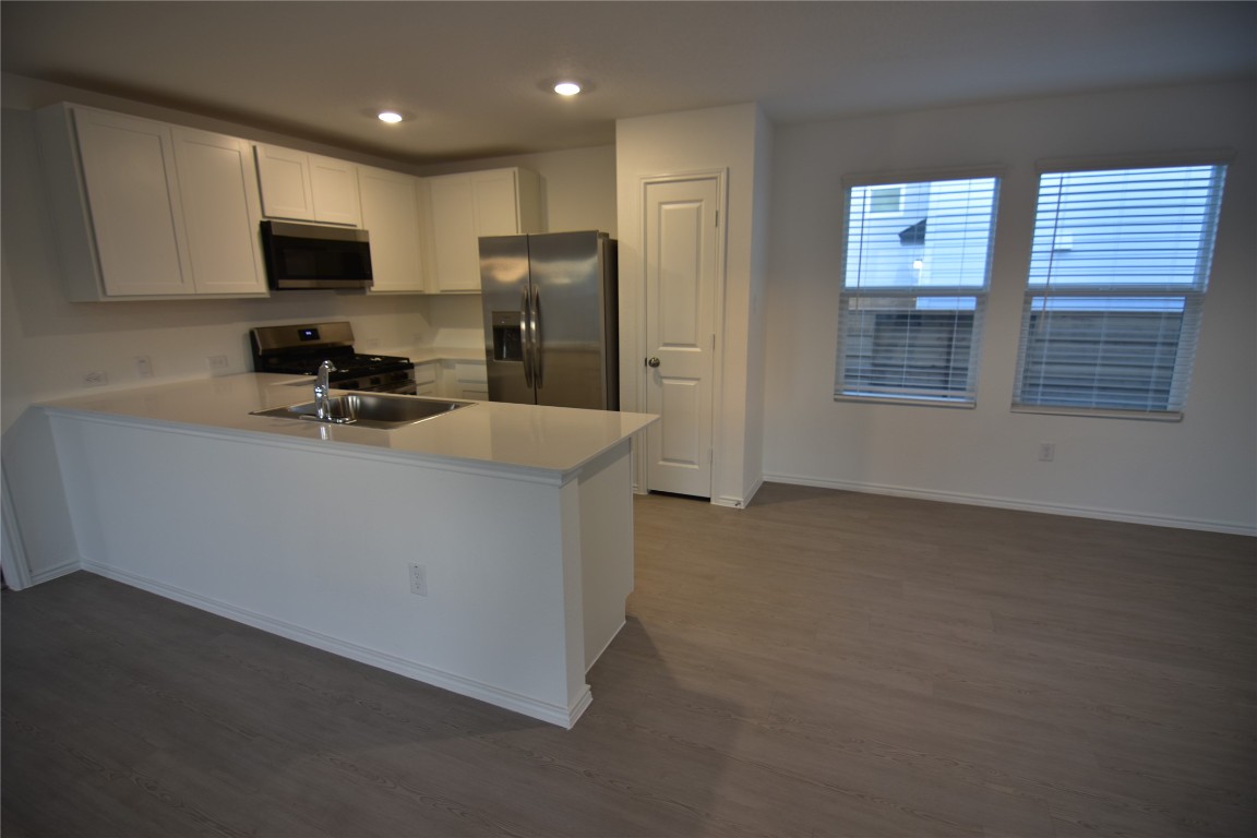 343 Keefer Kyle, TX 78640 - Photo 32 of 38 Kitchen featuring white cabinetry, appliances with stainless steel finishes, dark wood-style flooring, a peninsula, and recessed lighting