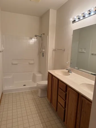 a bathroom with a sink a toilet and shower