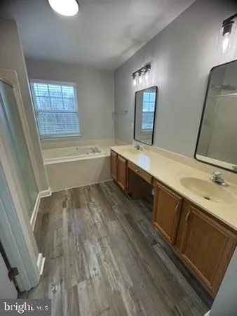 a bathroom with a tub sink and mirror