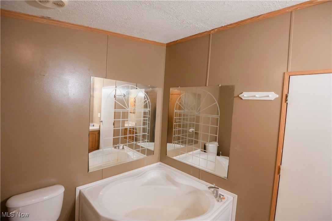 4594 Center Road Andover, OH 44003 - Photo 17 of 39 Full bathroom with a garden tub, a textured ceiling, and ornamental molding