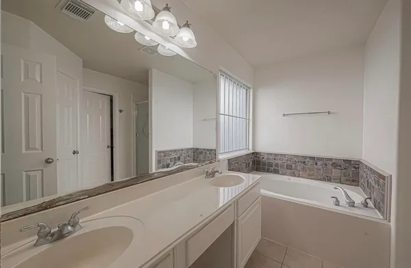 a bathroom with a tub a double vanity sink and a mirror